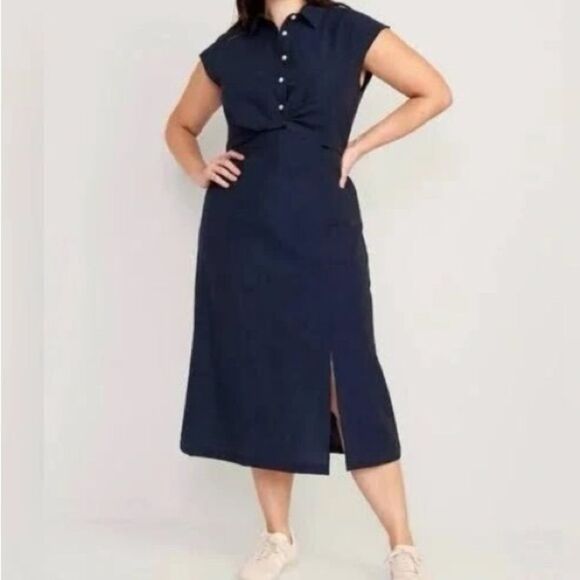 Old Navy Waist-Defined Twist-Front Midi Shirt Dress rayon linen nylon blend L - Picture 1 of 12